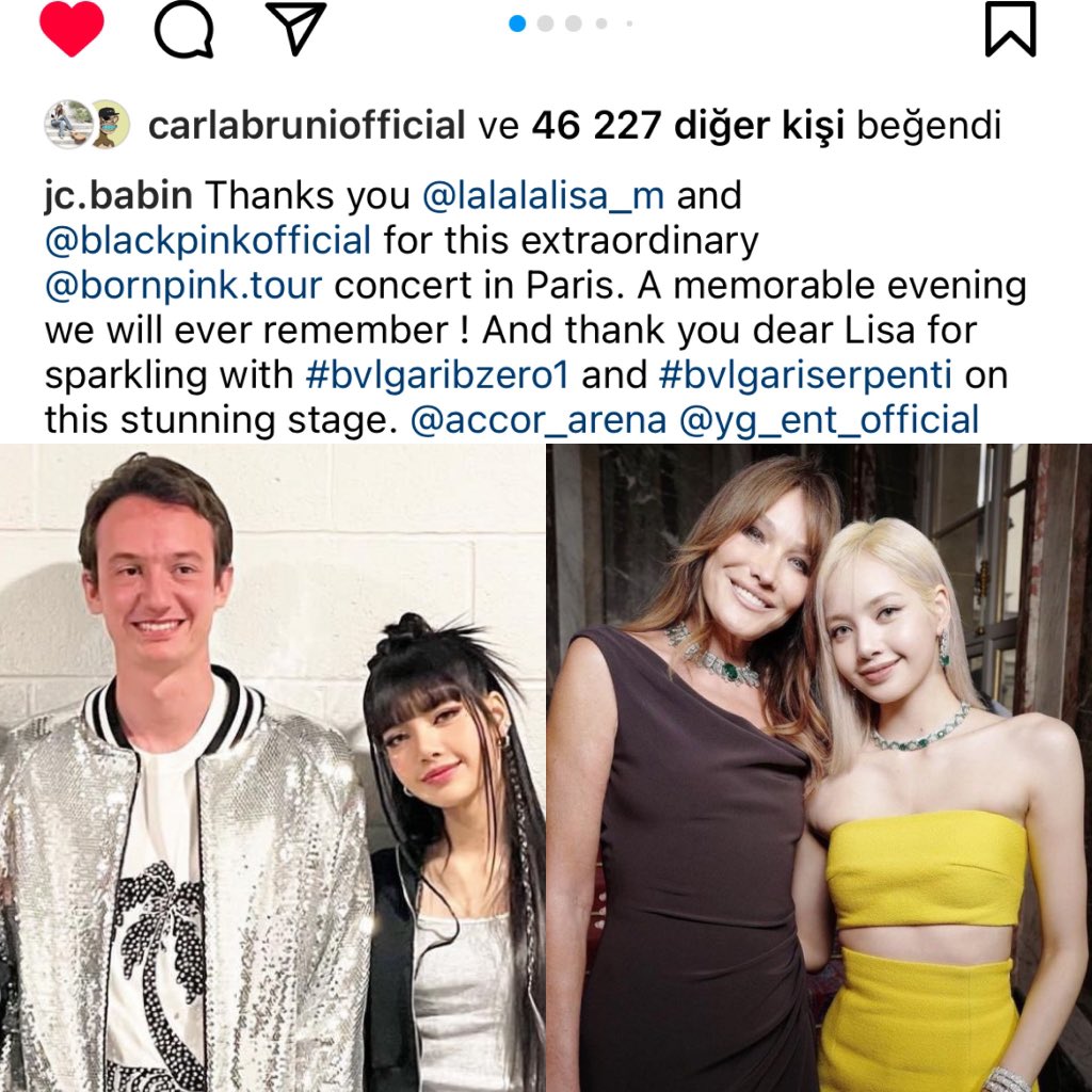 LALISA & LISA ONLY on X: Frédéric Arnault, heir to LVMH and CEO of TAG  Heuer, and Italian-French singer Carla Bruni, former first lady of France,  liked JC Babin's post with Lisa