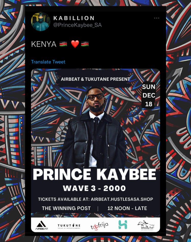 AirbeatLLC's tweet photo. Fam! Consider this confirmation as the nudge you needed to cop your tickets! PRINCE KAYBEE LIVE for the World Cup final After Party this coming Sunday at The Winning Post!
Ticket Link- https://t.co/tT9HeCpioR
#PrinceKaybeeInKenya
#WorldCupAfterParty https://t.co/2ynh9YAMJ0