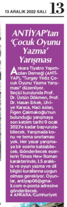 Antiyap06's tweet photo. "TURGAY YILDIZ ÇOCUK OYUNU YAZMA YARIŞMASI " CUMHURİYET gazetesinde haber oldu.
Teşekkürler @cumhuriyetgzt https://t.co/8a9mQctqJY