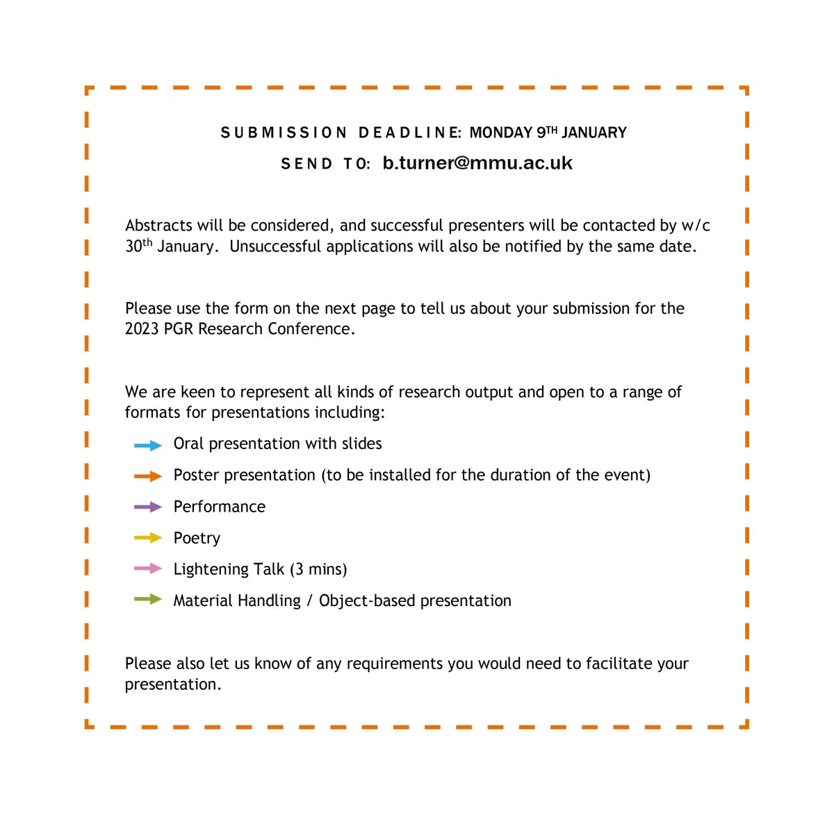 McrMetDocConf's tweet photo. Submit your abstracts or performance outlines and be part of the 15th Annual Manchester Met PGR Conference

Check your student email inboxes for how to submit. Any questions please email b.turner@mmu.ac.uk or reply to this tweet

#BroadeningPerspectives #McrMetPgrConference https://t.co/qJPaCWZDUJ