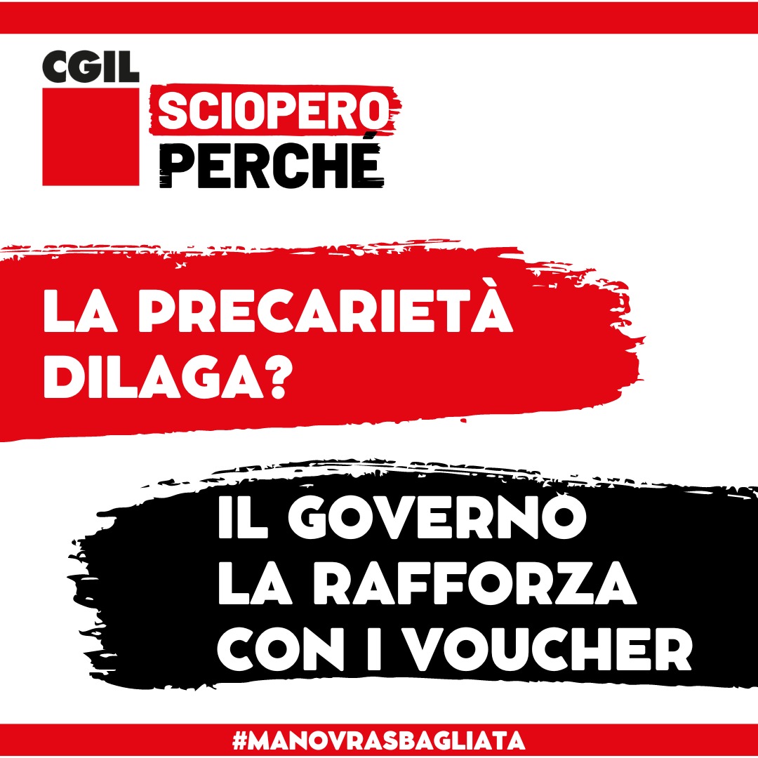 🟥La precarietà dilaga, il governo la rafforza con i voucher. Chiediamo di eliminare tutte le forme di lavoro precario

👉#scioperoperché, le ragioni della protesta: bit.ly/3P55I1O
📍La mappa delle mobilitazioni in tutta Italia: bit.ly/3VSyPHC

#manovrasbagliata