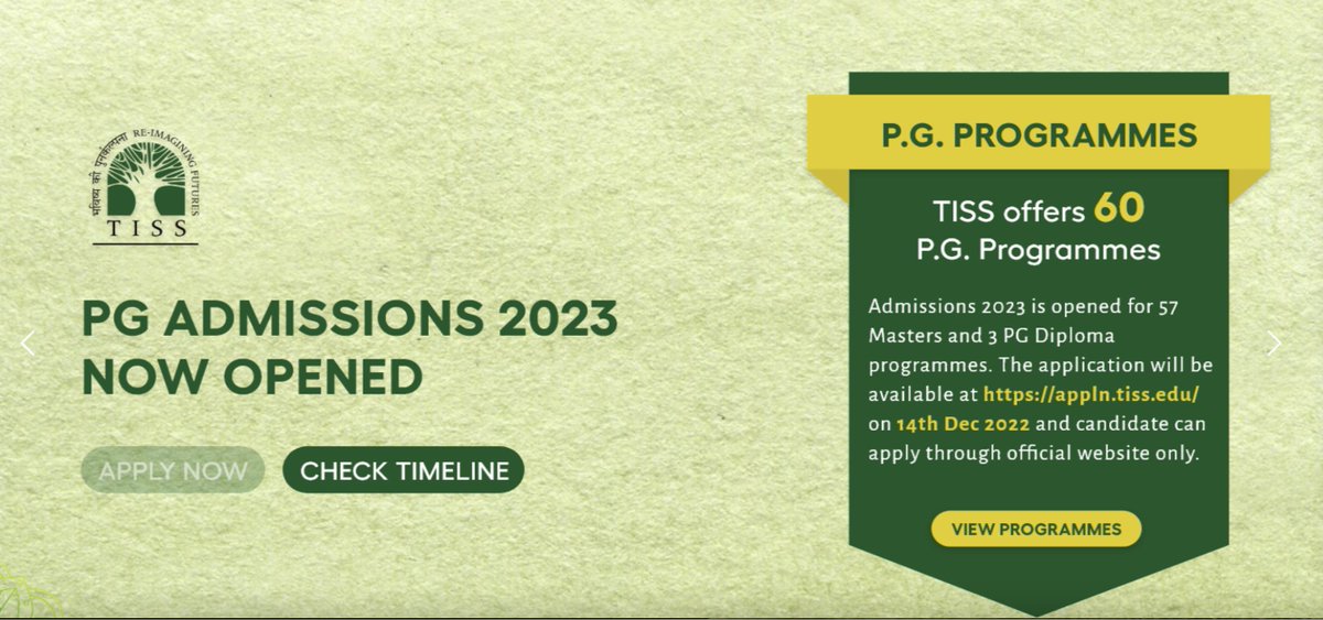 TISSpeak's tweet photo. #StudyInTISS
#Admissions2023 for 57+ Masters Degree and PG Diploma programmes are now open.
For more information and to apply: https://t.co/Gs4rnGxDkZ https://t.co/SFwFpTvybC