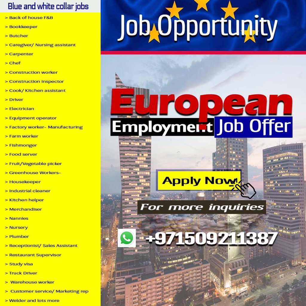 Work in Europe with free accomodations, transportation, health insurance and other benefits....

#employment #jobs #work #europejobs #employmentopportunities #consultant #agency 

Apply now