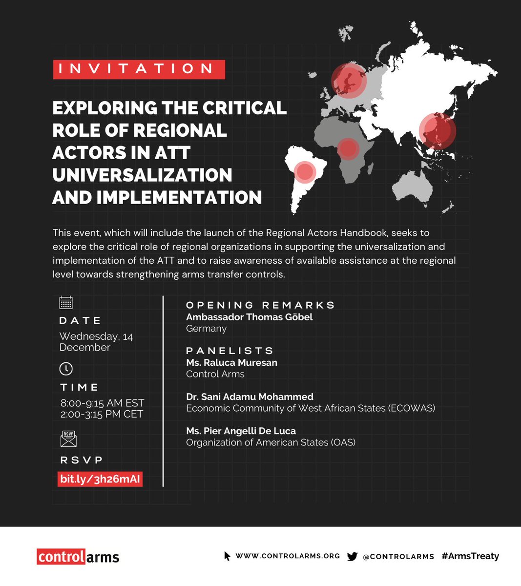 controlarms's tweet photo. TOMORROW: Join the launch of our Regional Actor Handbook 🗺️exploring the critical role of regional organizations in supporting the #ArmsTreaty. #ReadyToEngage

📅 Wednesday, 14 December 2022, at 8:00-9:15 AM EST / 2:00-3:15 PM CET

➡️ RSVP here: https://t.co/Gl9cJth6Ng https://t.co/Cys8Od6Xsb