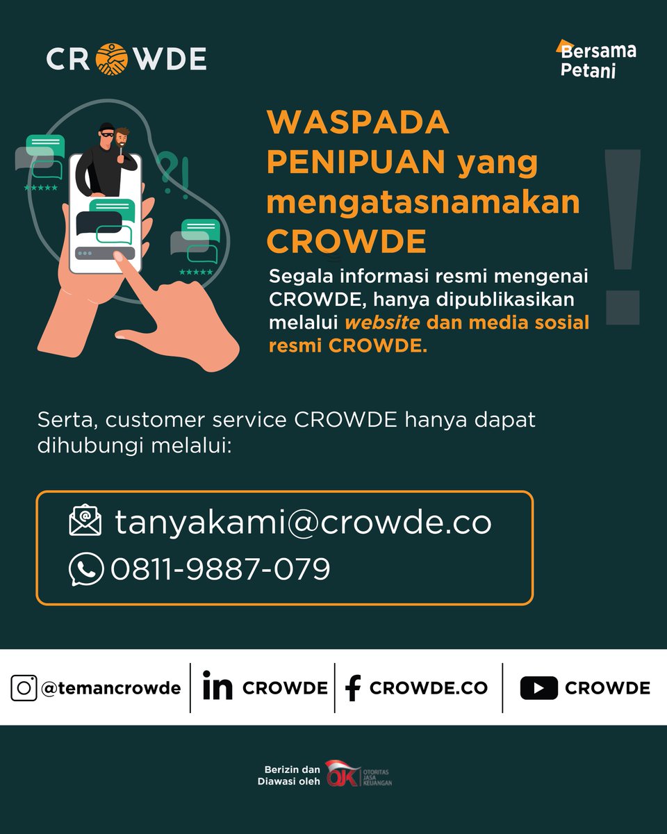 temancrowde's tweet photo. Hallo Teman CROWDE,

Waspada terhadap penipuan yang mengatasnamakan CROWDE!

Akhir-akhir ini, pihak CROWDE mendapat banyak pengaduan terkait penipuan yang mengatasnamakan CROWDE. Oleh karena itu, Teman CROWDE harus tetap waspada ya! https://t.co/y8ZCeAA4RS