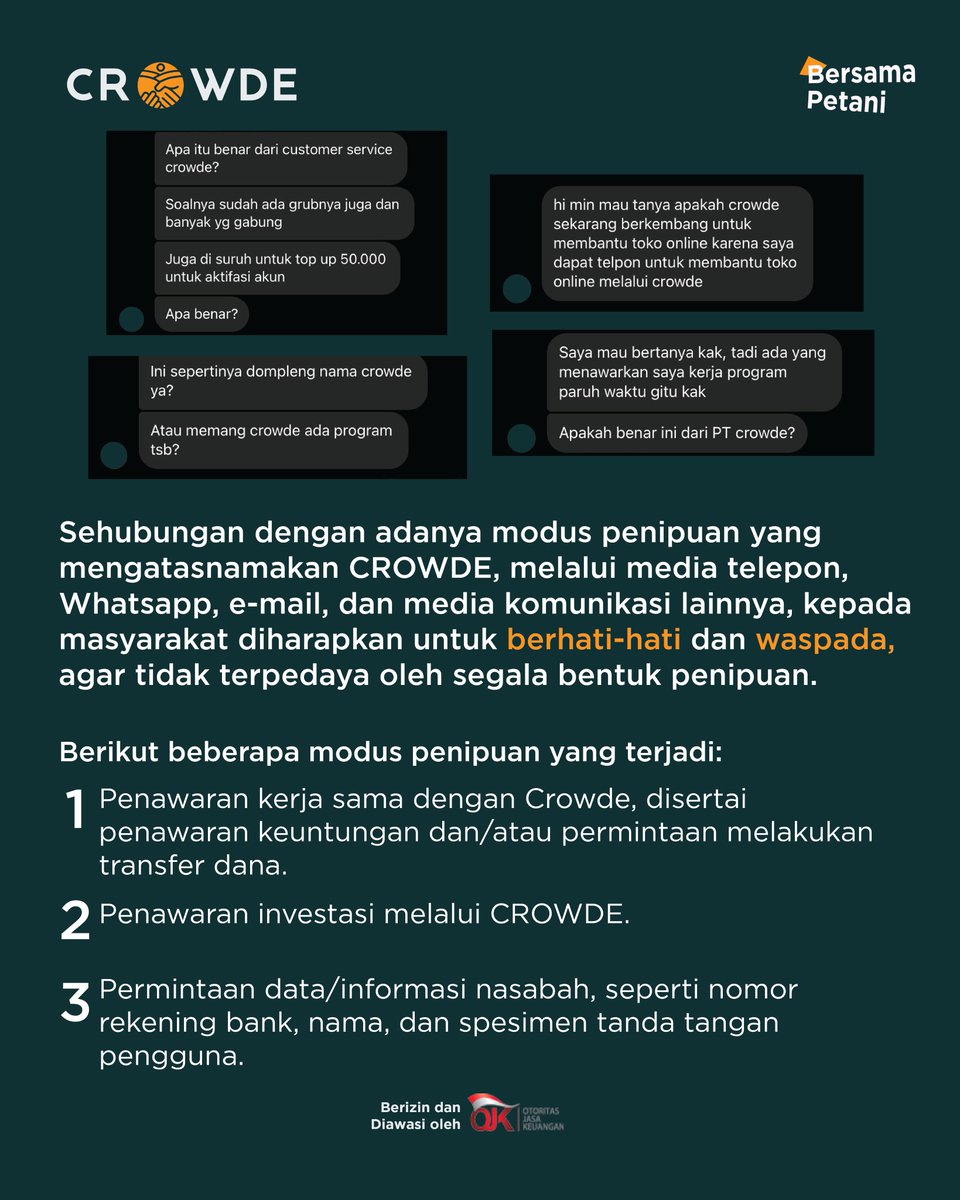 temancrowde's tweet photo. Hallo Teman CROWDE,

Waspada terhadap penipuan yang mengatasnamakan CROWDE!

Akhir-akhir ini, pihak CROWDE mendapat banyak pengaduan terkait penipuan yang mengatasnamakan CROWDE. Oleh karena itu, Teman CROWDE harus tetap waspada ya! https://t.co/y8ZCeAA4RS