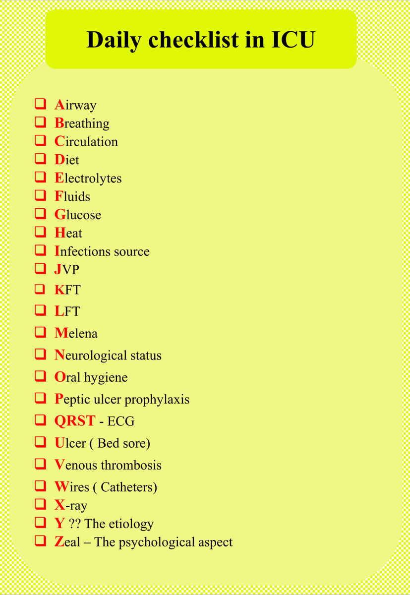 𝓐𝓑𝓒 of Daily Checklist in 𝐈𝐂𝐔

#MedTwitter #EMtwitter #ICU #MedEd #FOAMed