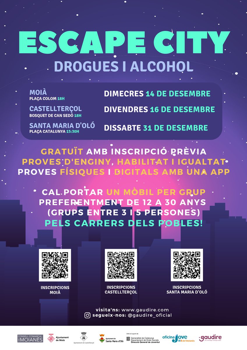 comarcamoianes's tweet photo. 👉Vols participar en un escape room pels carrers dels pobles?
➡️#14des - a les 18h - Pl.del Colom @AjMoia
➡️#16des - a les 18h - Bosquet de Can Sedó @AjCastelltersol
➡️#31des - a les 15:30 - Pl.Catalunya @aj_olo
Més info i inscripcions a ccmn.joventut@ccmoianes.cat https://t.co/IRqQc12iEx