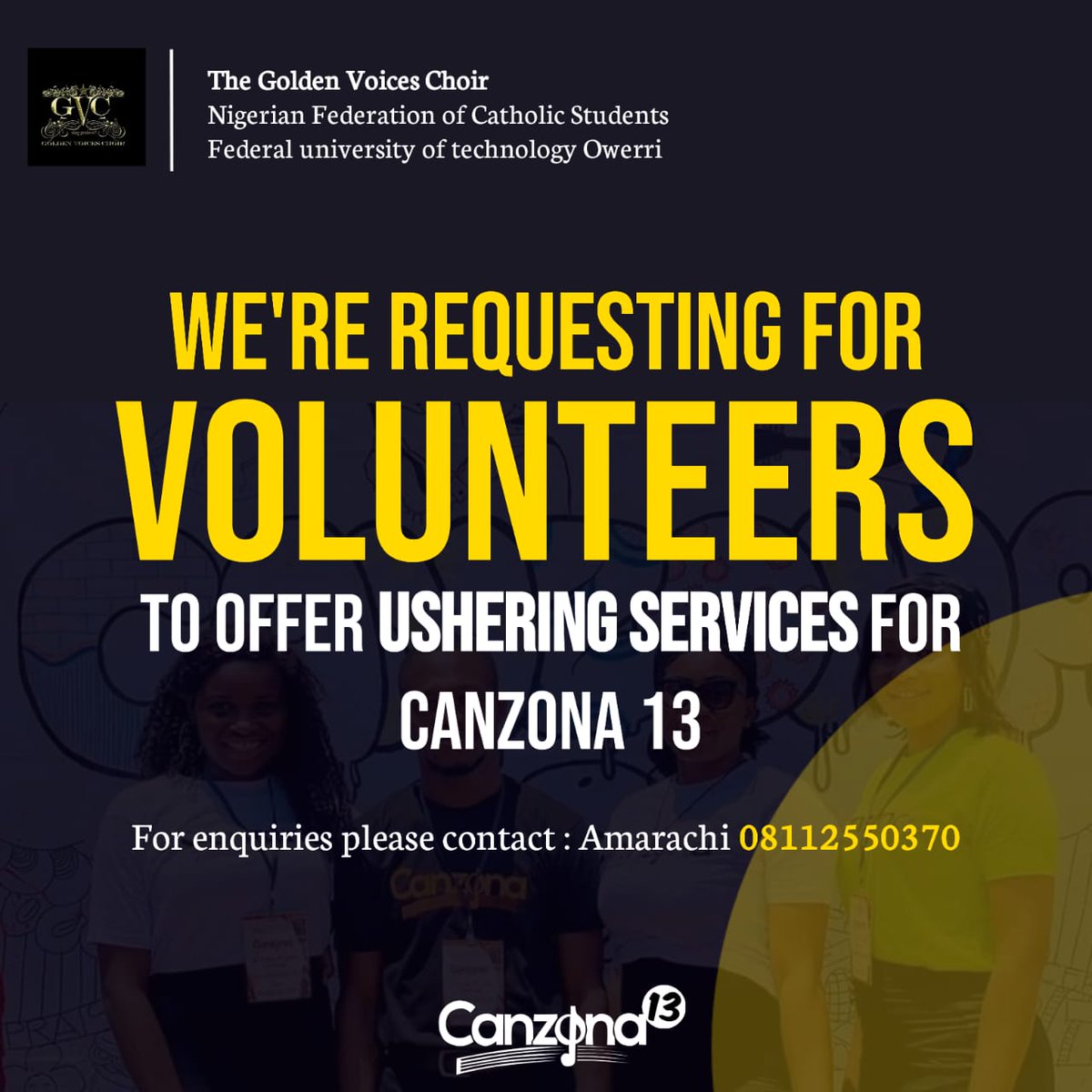 gvc_stacc_futo's tweet photo. We're currently requesting for volunteers to offer Ushering services for CAnZonA 13.
#FUTOites apply within.
#FUTO #GVC
#Canzona13
#TheWhiteLotus https://t.co/6IbLmuEAjR