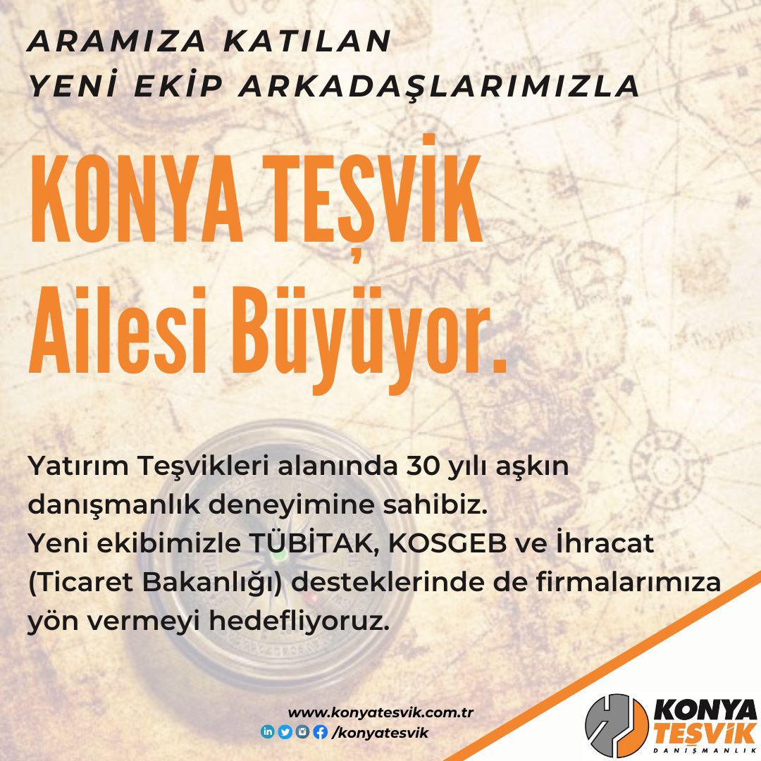 Yeni ekibimizle TÜBİTAK, KOSGEB ve İhracat desteklerinde de firmalarımıza yön vermeyi hedefliyoruz.

#yatırım #teşvik #hibe #destek #tübitak #kosgeb #proje #arge #girişimcilik #ihracat #fuar #seyahat #türbelgesi #yerlimalı #belge #danışmanlık #konya