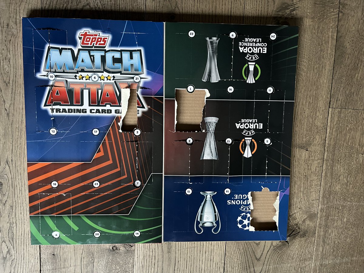 johnhelm_photo's tweet photo. @ToppsMatchAttax this is the 22 Advent calendar. My son was not too bothered that it was printed upside down but there are no dividers so there are no card’s behind each date. Just a pile at the bottom of the box https://t.co/jNzs52gEIN