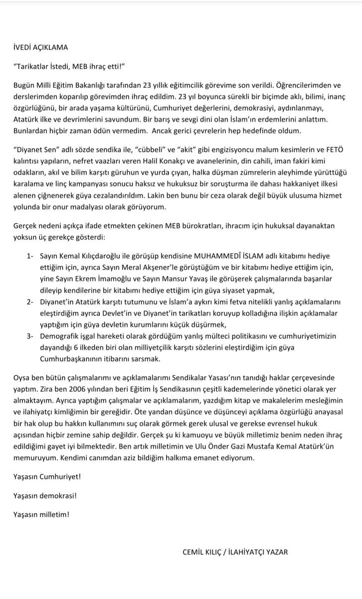 m_cemilkilic's tweet photo. Tarikatlar istedi, MEB bugün beni ihraç etti. @kilicdarogluk @meral_aksener @ekrem_imamoglu @mansuryavas06 @sahin_aybek https://t.co/uigYxSqXGl
