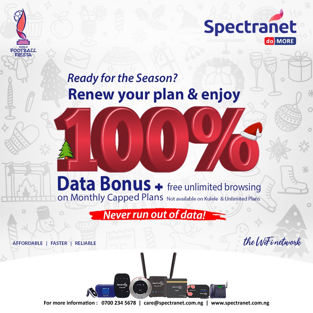 Spectranet_NG's tweet photo. Are you counting down OR you’re in the Season already? Either way, here is more to #doMore! Renew your monthly capped plans today and enjoy double of your subscription for #shopping, #movies, #football, #remotework and more. #Stayconnected on #theWiFiNetwork https://t.co/CU43SPCsIB