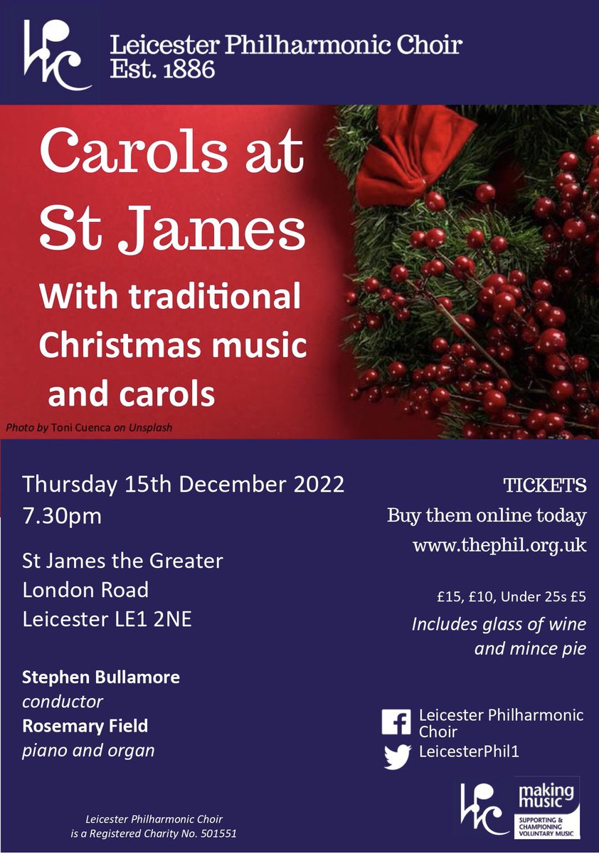 Get the Christmas spirit! Come to our Christmas concert on Thursday 15th December @SJGLeicester Wine and mince pies!