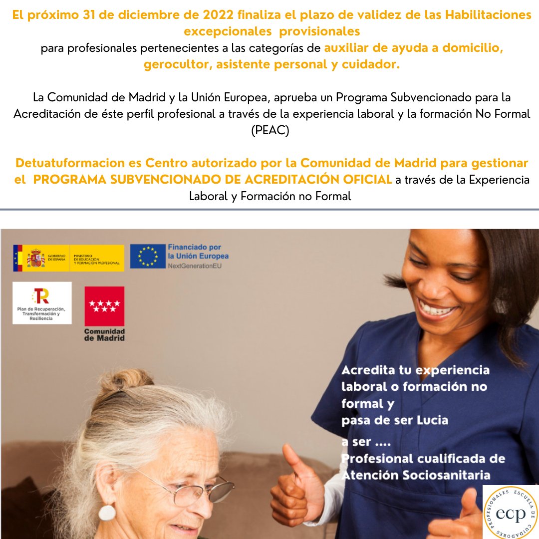 escuelaecp's tweet photo. Programa de acreditación para cuidadores/as profesionales - https://t.co/hmxZRmLxvl...
El 31 de diciembre de 2022 vence el plazo de validez de las habilitaciones excepcionales para profesionales de los cuidados.
Aprovecha la oportunidad y acredita tu experiencia laboral. https://t.co/PFTbLyFGFl
