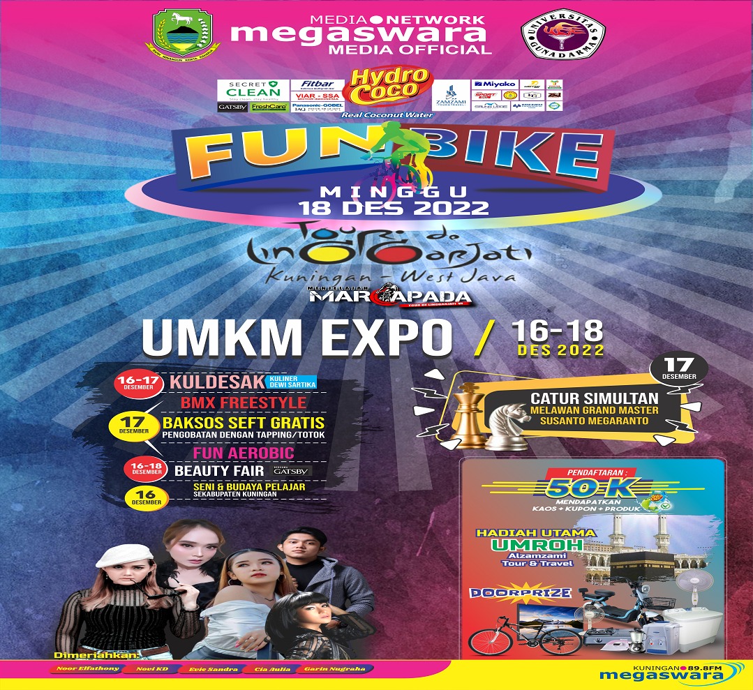 Hay GOWESER ,, udah siapin sepeda kamu belum nih buat ikutan FUNBIKE Tour De Linggarjati 2022?

Dapetin hadiah Dorprize nya yang keren keren?
Akhir taun ini semoga keberuntungan memihak kita ya. Siapa tau dari gowes jadi go to Mekkah gara gara dapet Tiket Umroh di FUNBIKE nanti.