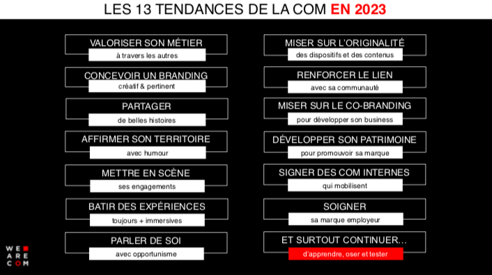 We_are_com's tweet photo. L’atelier du #ClubWeAreCOM, c’est terminé. On récapitule ? Voici les grandes tendances de la #communication, révélées par ce benchmark. Pour toujours plus d’inspirations toute l’année, rejoignez notre Club en 2023 ! #TendancesCOM
🚀https://t.co/yljIFV8ue1 https://t.co/jOutprhcaU