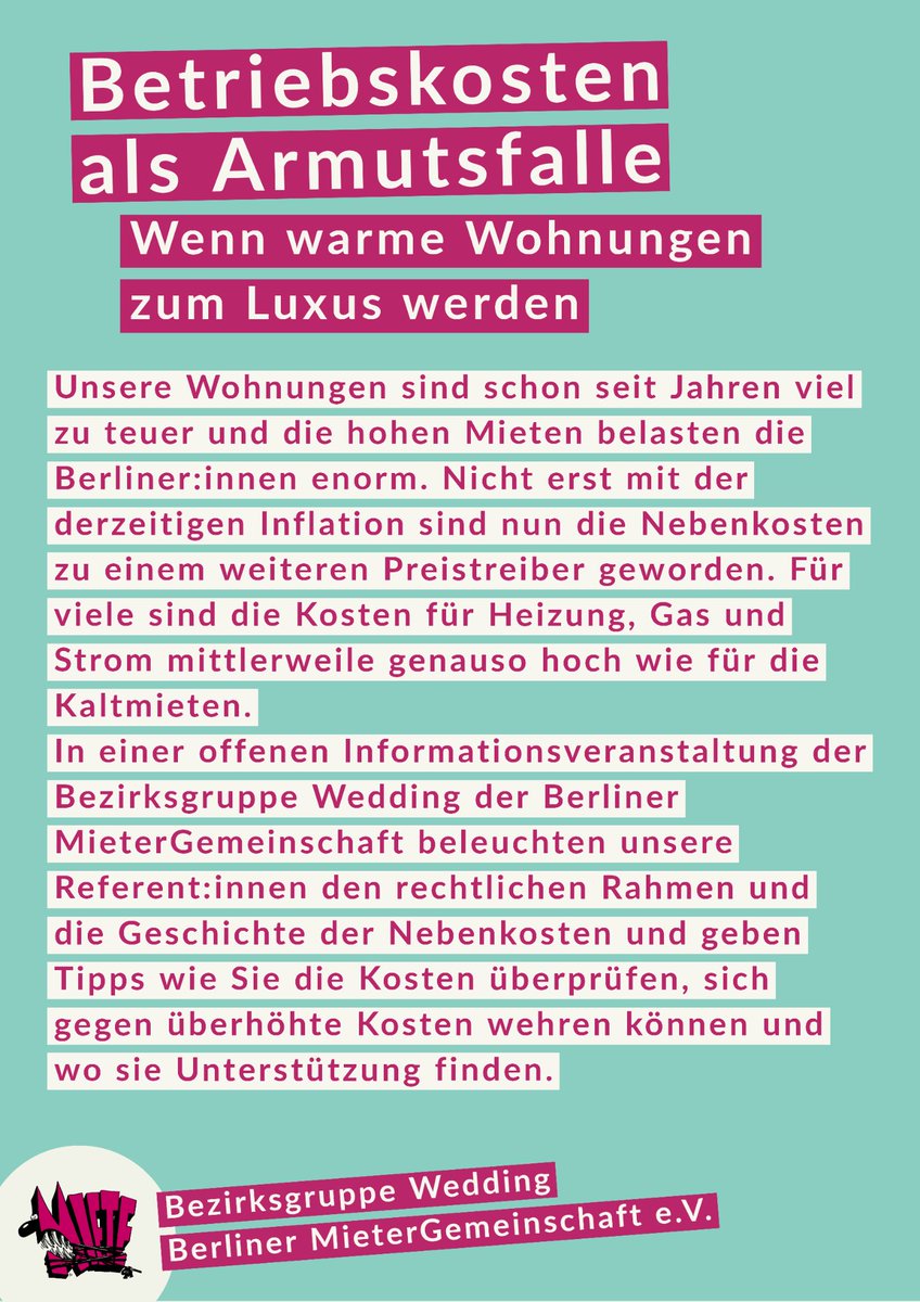 Innerhalb des letzten Jahres haben sich laut <a href="/iw_koeln/">Institut der deutschen Wirtschaft</a> die Abschlagszahlungen für warme Nebenkosten um Ø48% erhöht. 
Was Mieter*innen bei warmen und kalten Betriebskosten beachten sollten, wie sie zum Geschäftsmodell wurden und wie man wehren kann, besprechen wir heute Abend