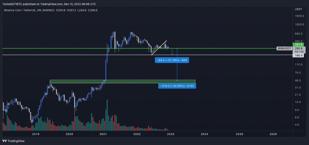 #BNB
We don't believe the #Binance fud, but looking into the charts this is not looking good
If we break 260$ the next big support is 30% down where we have a huge huge gap down to 40-50$ region,which can be filled if something really bad happens to binance🧠

Just an observation