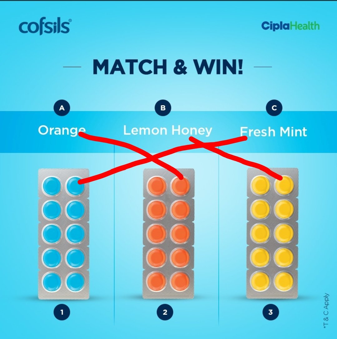 DJSamAlan's tweet image. A. Orange - 2
B. Lemon Honey- 3
C. Fresh Mint - 1

Orange one is my personal favourite 😋

#Cofsils #SoarThroat #Cipla #QuickRelief @cofsils