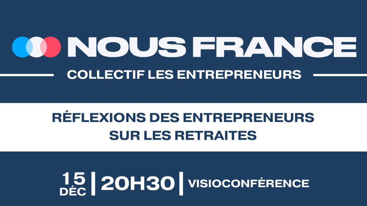 Rappel ! C'est jeudi à 20h30 (et non mercredi) ! Devant les hésitations d'Emmanuel Macron sur les retraites, il est plus que jamais important de peser dans le débat avec <a href="/xavierbertrand/">Xavier Bertrand</a> et <a href="/NousFrance_fr/">Nous France</a>.
Les Entrepreneurs s'engagent !

Lien de connexion :
us06web.zoom.us/j/86495498221?…