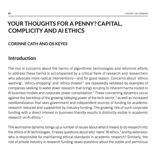What does it mean for junior scholars to work in the heavily industry funded field of 'AI Ethics'? - @farbandish & I draw from our PhD experiences to detail tricky choices, no-win situations, and friendship & feminist refusal as ways forward in this new paper. #fundingmatters