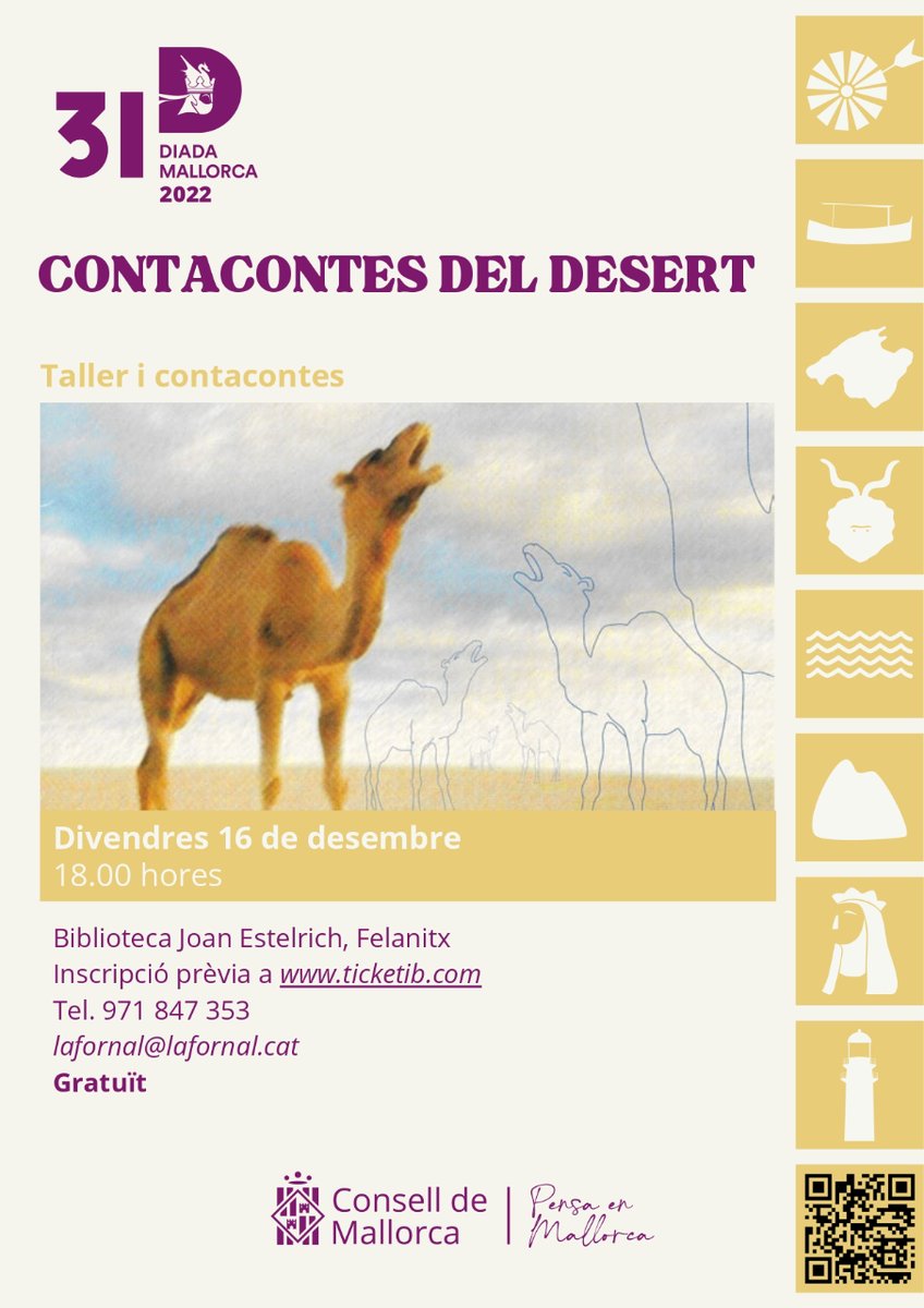 #DiadaDeMallorca2022 | Taller i contacontes 🗣️

📖 Contacontes del desert
📅 Dia: Divendres, 16 de desembre
⏰ Hora: 18h
📍 Ubicació: Biblioteca Joan Estelrich, Felanitx

🎫 Treu la teva entrada gratuïta aquí 👉 web.conselldemallorca.cat/diada

#AgermanemMallorca