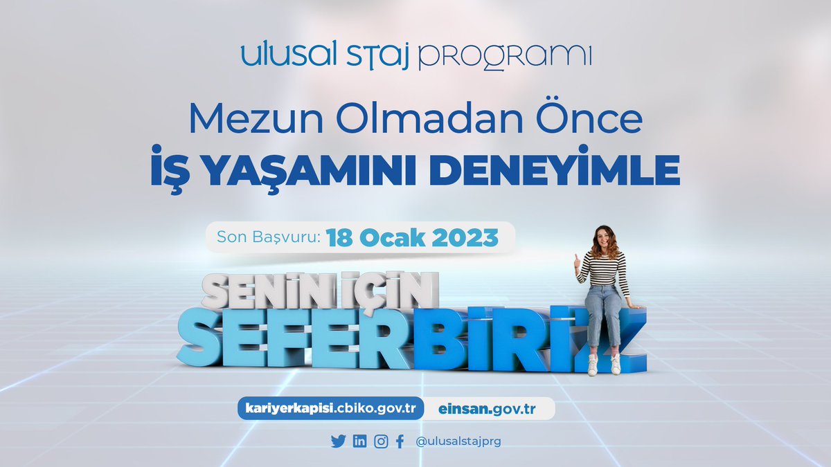 Ulusal Staj Programı Başvuruları 18 Ocak 2023 Tarihine kadar devam etmektedir.  Başvuru  ve detaylı bilgi için:kariyerkapisi.cbiko.gov.tr/ulusalstajprog…  <a href="/ulusalstajprg/">Ulusal Staj Programı</a>  @tccikob <a href="/mkuniv/">Hatay Mustafa Kemal Üniversitesi</a> 
Sorularınız için Kariyer Merkezimizi ziyaret edebilir veya kariyer@mku.edu.tr adresine mail gönderebilirsiniz.