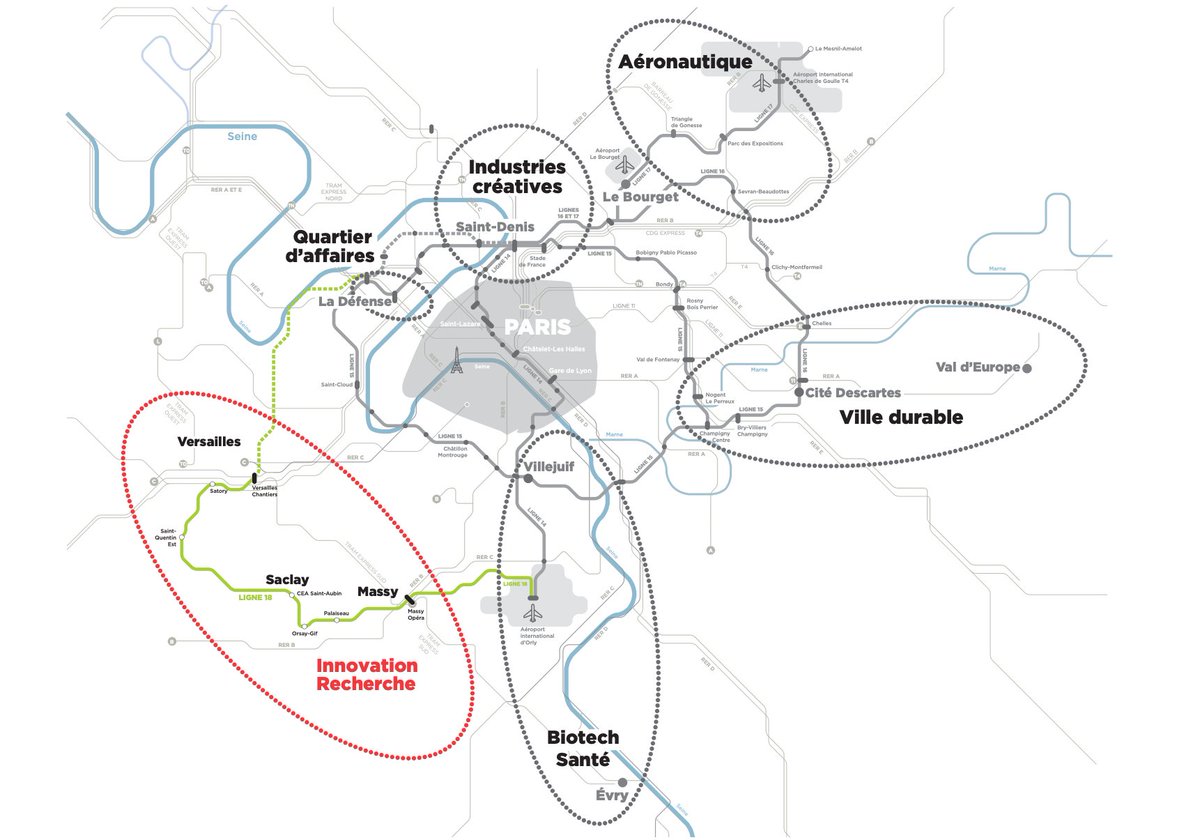 ParisSaclay's tweet photo. ℹ️ Paris-Saclay s’inscrit dans un changement de paradigme de l’Île-de-France, permis par la création du réseau en rocade du @GdParisExpress. Le développement urbain désormais polycentrique de la région s’articule autour de grands pôles de spécialité. https://t.co/a7zKmNujBq