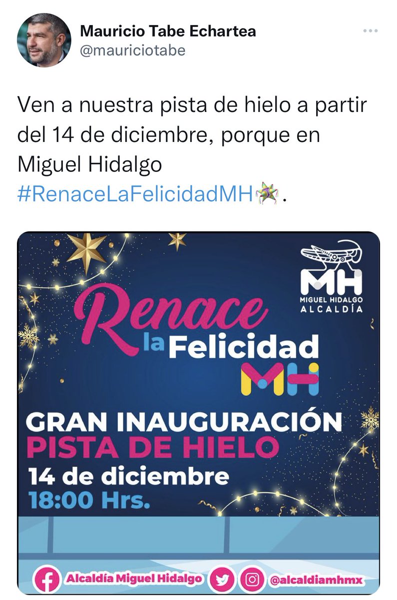Y la pista de hielo ?
Ya pasó inauguración y no nos invitaron , si hay o no hay ?⁦<a href="/mauriciotabe/">Mauricio Tabe Echartea</a>⁩ ⁦<a href="/AlcaldiaMHmx/">Alcaldía Miguel Hidalgo</a>⁩