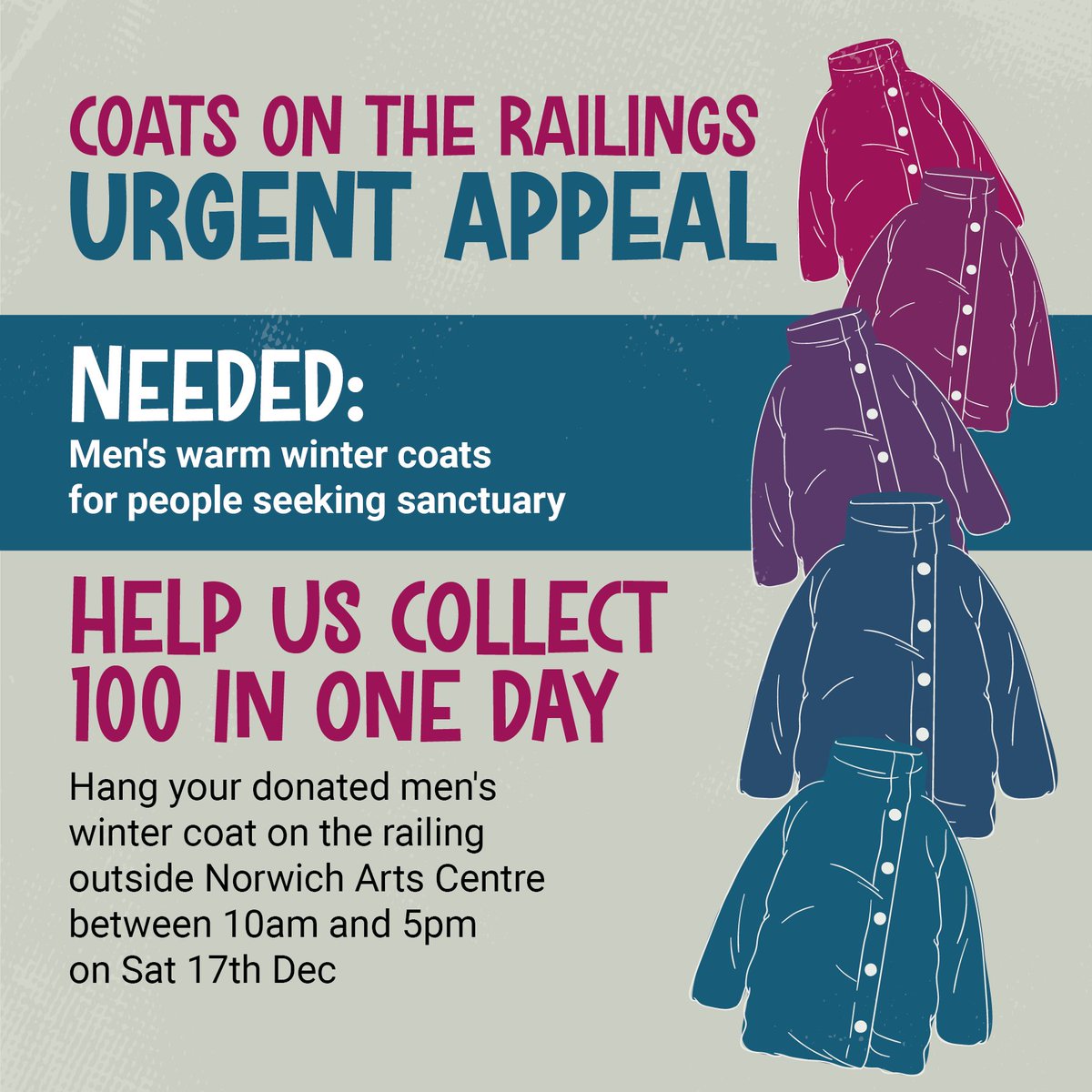 CinemaCityNrw's tweet photo. Coats on the railings urgent appeal!
@NorwichArtCentr &amp; @NorwichCofS are appealing for 100+ MEN’s warm coats this Winter for people seeking sanctuary. Donations to be left on the railings outside NAC on Sat 17 Dec between 10am – 5pm. 🙌👉 https://t.co/hn5O5SWJ1T https://t.co/bWuh8T7BdS