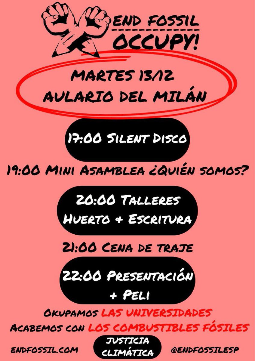 Se acerca la última semana del semestre, y por aquí seguimos al pie del cañón!
Aquí está nuestra lista de actividades para la próxima ocupación ⛺️
Animaos este martes día 13 a venir a apoyarnos. Os esperamos! 

<a href="/EndFossilEsp/">End Fossil: Occupy!</a> <a href="/XRAsturies/">Rebelión o Extinción Asturies</a>