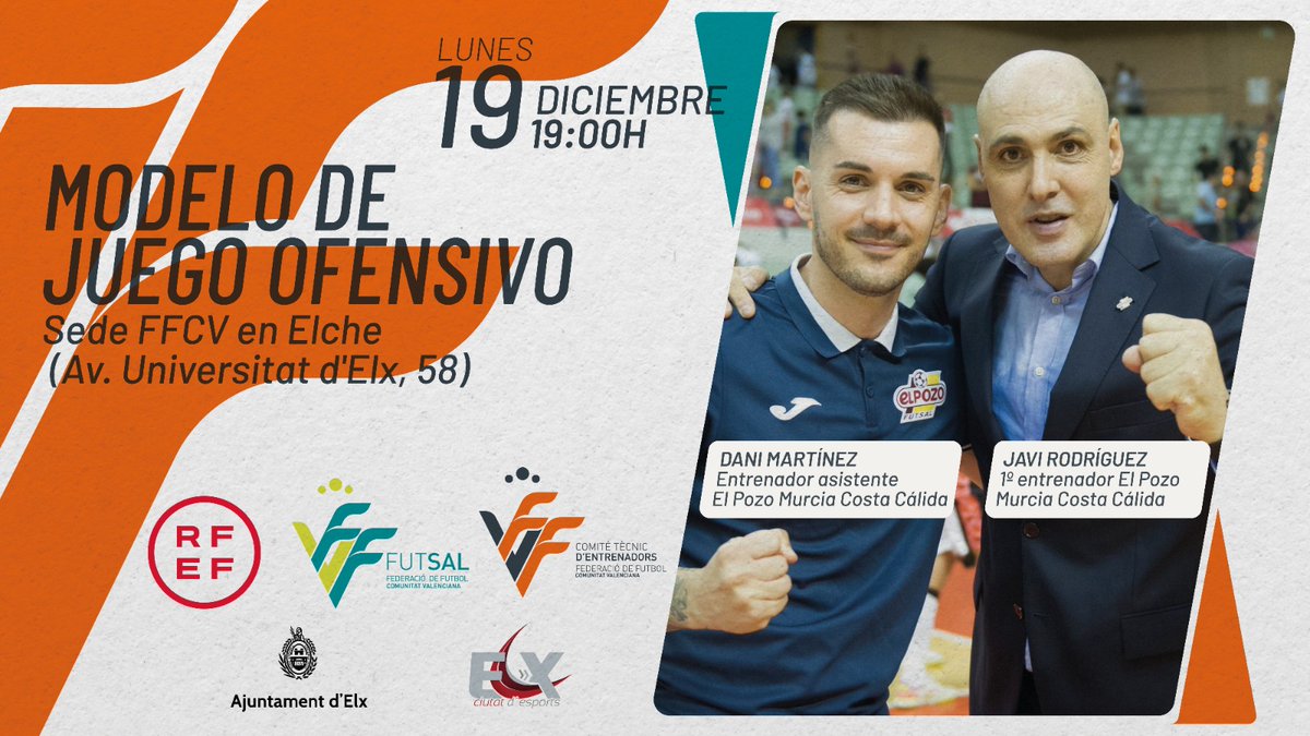 FFCV_info's tweet photo. | ENTRENADORS |
'Modelo de juego ofensivo', ponencia de @javi7rodriguez y @DaniMartinez_B, entrenadores de @ElPozoMurcia_FS
π lunes 19 diciembre
π 19:00
π Sede FFCV en Elche
π ApΓΊntate aquΓ ππΌ
π https://t.co/ZcGC16cUv4
#SomEntrenadors #SomFutsal https://t.co/WIXkNYMjGP