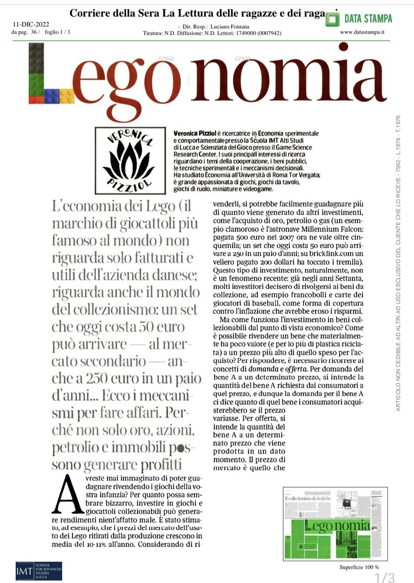 IMTLucca's tweet photo. π#RassegnaStampa: l'economia dei Lego.
Per chi domenica se lo fosse perso, ecco un articolo sul Corriere della Sera a cura della nostra Veronica Pizziol, dottoranda in economia alla #ScuolaIMT
GAME Science Research Center
#PhdLife
#IMTstudents https://t.co/4qkobNzFuz