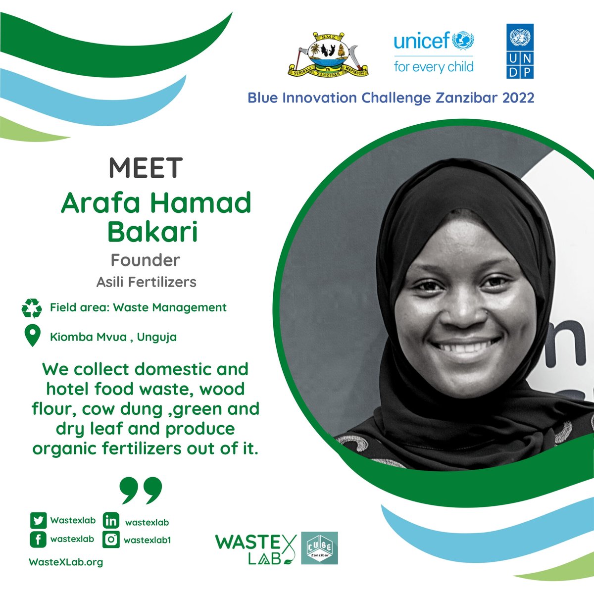 undptz's tweet photo. Arafa Hamad Bakari is one of 40 innovators shortlisted for the #BlueInnovationChallenge @wastexlab Founder of 'Asili Fertilizers,' a company based in #Znz that collects home &amp; hotel food waste, sawdust, cow manure, green &amp; dried leaves, &amp; other refuse to make organic fertilizers https://t.co/qj09nRkDQU