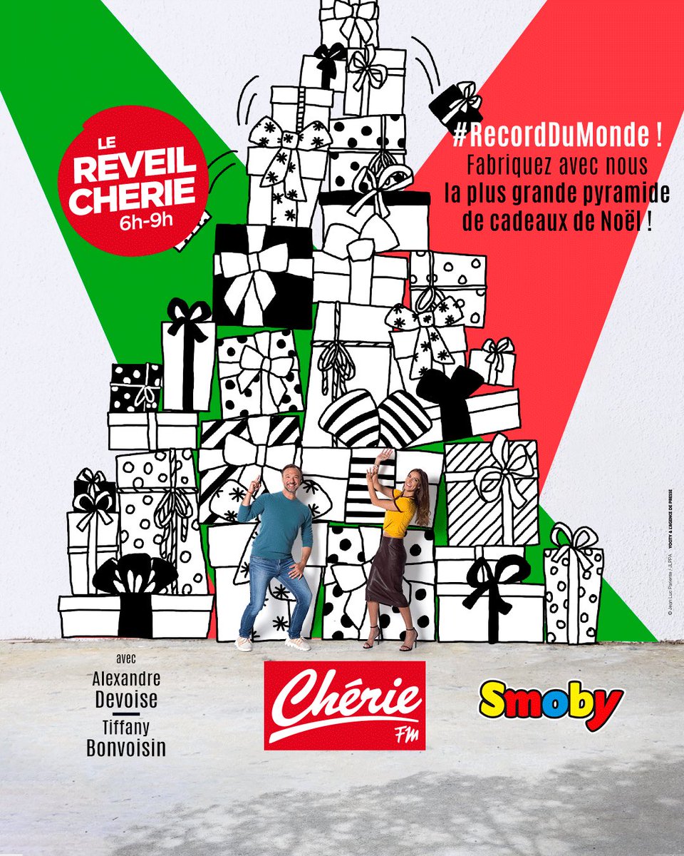 GaelSanquer's tweet photo. Vendredi matin, Alexandre Devoise et Tiffany Bonvoisin seront en direct sur Cherie FM depuis le showroom de #Smoby fabricant français de jouets dans le Jura pour battre le record du monde de la plus haute pyramide de cadeaux de Noël #CherieFm https://t.co/MflQwhHBpt