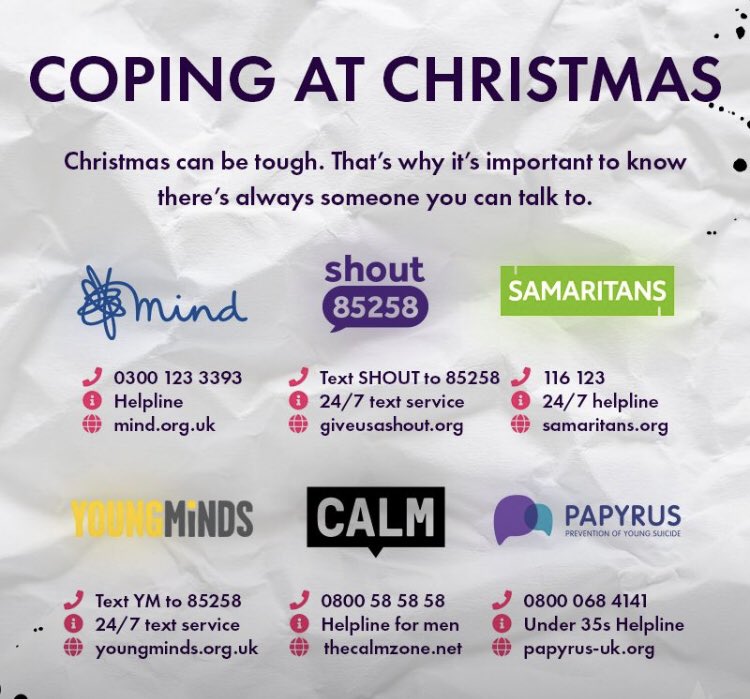 Christmas can be very hard for some people, for all sorts of reasons. If you need support there are many organisations who are there for you. #reachout <a href="/PAPYRUS_Charity/">PAPYRUS</a> <a href="/MindCharity/">Mind</a> <a href="/samaritans/">Samaritans</a> @GiveUsAShout <a href="/YoungMindsUK/">YoungMinds</a> <a href="/theCALMzone/">CALM</a>  <a href="/dc_police/">Devon & Cornwall Police</a> #mentalhealth #bekind