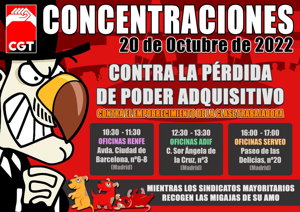 CGTaytoMadrid's tweet photo. Desde distintos sectores de la @CGT llevamos ya tiempo haciendo concentraciones para expresar nuestro malestar por la pérdida de poder adquisitivo que estamos sufriendo la clase trabajadora. Es hora de unir la luchas. Sábado 17D a las 11H
#17DTodasALaCalle #17DContraSubidaPrecios https://t.co/6dK1IUDpI1