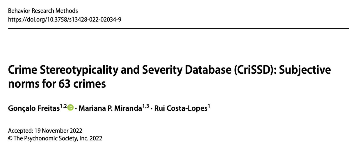 RuiCostaLopes's tweet photo. New paper out! This time, an offer for researchers working on legal decisions,etc: The Crime Stereotypicality and Severity Database (CriSSD) presents normative ratings for a set of 63 crimes on three dimensions: White stereotypical- ity, Black stereotypicality, and crime severity https://t.co/UXZcE5WqEa