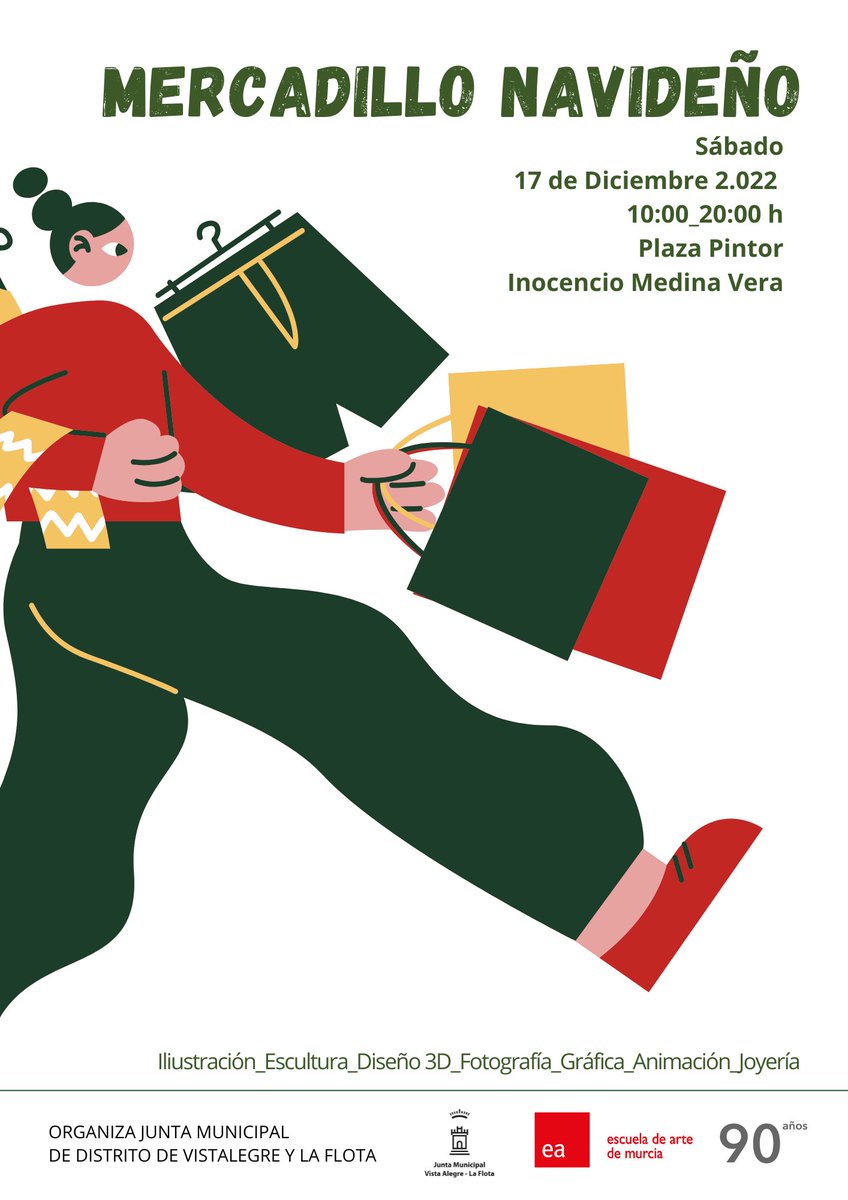 Sábado 17 de diciembre 10:00 a 20:00 horas los alumnos de todos los ciclos de la Escuela de Arte participan en el Mercadillo Navideño organizado por la Junta de Distrito Vista Alegre y la Flota dentro de su programa de actividades de Navidad 
¡Ven a vernos y compra obra original!