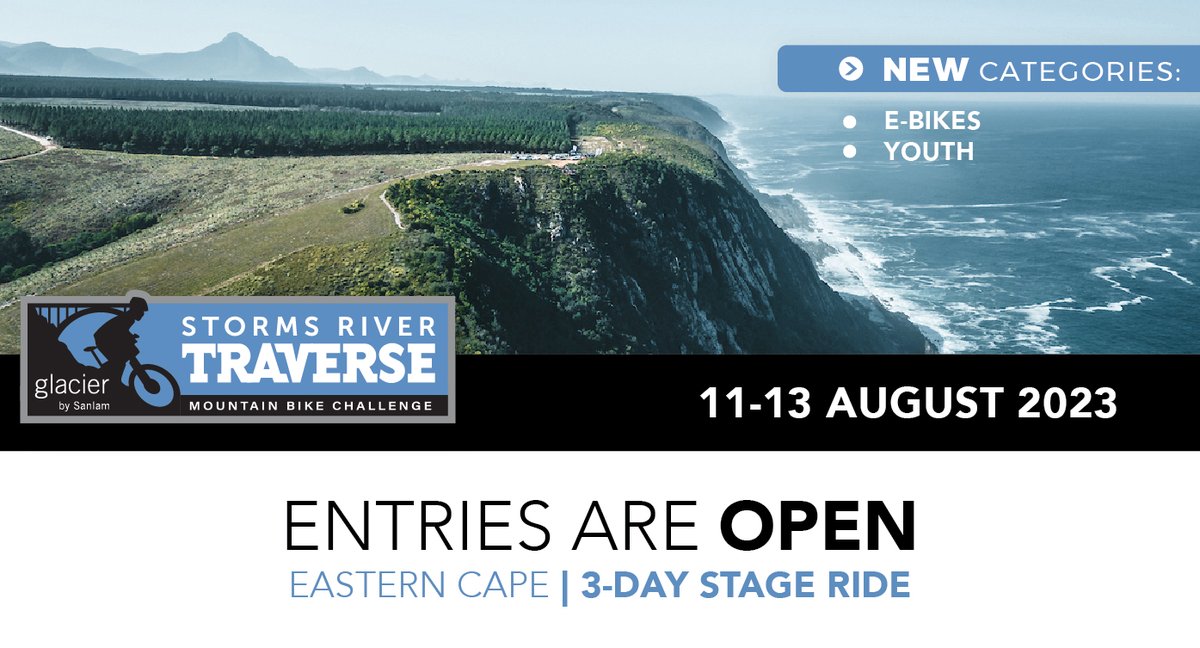SRTraverse's tweet photo. ENTRIES ARE OPEN for the 2023 @GlacierBySanlam #StormsRiverTraverse!
You can look forward to world-class mountain biking, five-star hospitality, excellent entertainment, scrumptious food, indulgent spoils and fun for the whole family!
ENTER HERE: https://t.co/UNalqkrb4j https://t.co/JbY1ELnDsf