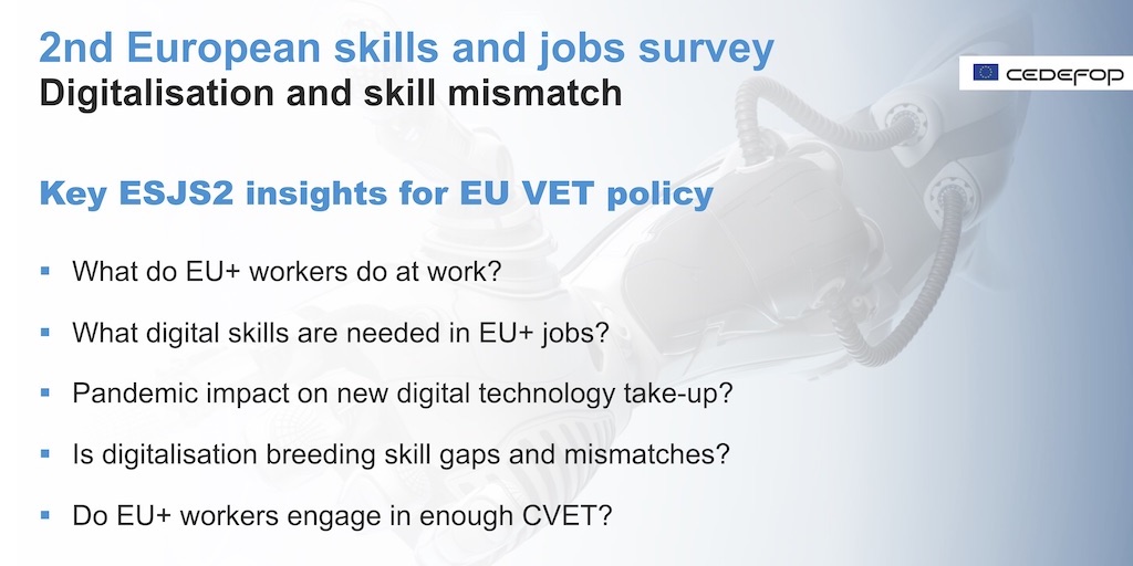 Cedefop's tweet image. 🔹🔸 Powering the European digital transition – day 3️⃣

Cedefop&apos;s @K_Pouliakas presenting #ESJS2 insights on #digitalisation and skills mismatch.
The effect of the #pandemic and the need for a #skills revolution.

#ESJSurvey