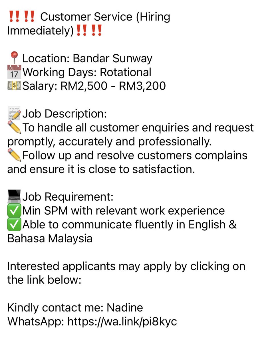 Hi everyone! I am looking to hire for below position. Anyone interested can just whatsapp me for more details. wa.link/pi8kyc @Kerjacarirezeki @twt_kerjaMY @KerjaKosongWoi @twt_penganggur @Oh_KerjaKosong @CKKMY18 @JobVacanciesMY @kerja_kosongMY @kerjakosong123