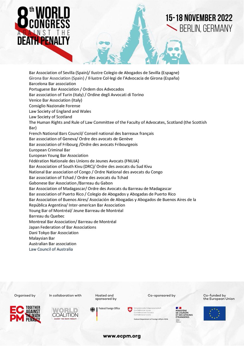 fnuja's tweet image. Lors du 8ème Congrès mondial contre la peine de mort à #Berlin, la @fnuja a signé la Résolution sur l&apos;exigence de transparence dans l&apos;application de la peine de mort. Initiative d&apos;@Avocats_Paris, de l&apos;@IBAHRI et du barreau allemand.
Retrouvez les signataires 👇 @AssoECPM #ECPM