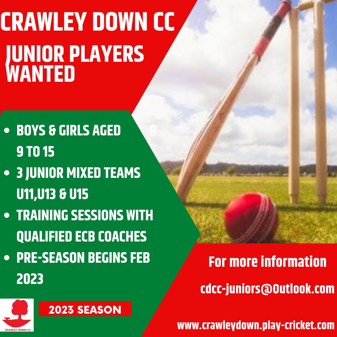 CrawleyDownCC's tweet photo. We are looking for more juniors to join our 3 junior teams. Get on board for season 2023 ! 🏏 #upthedown https://t.co/1q57dDbJfj