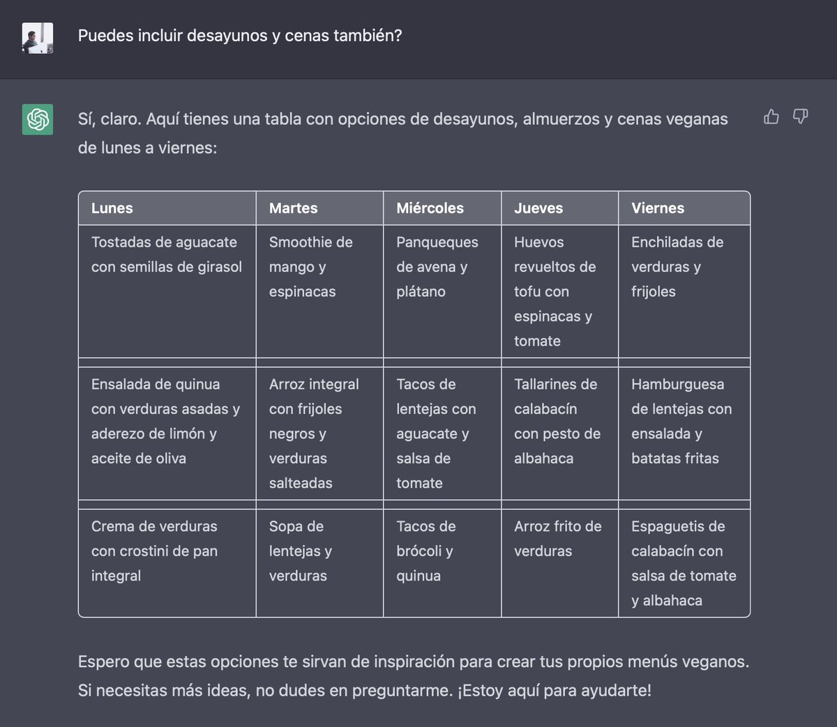 abn's tweet photo. Aquí tenéis a ChatGPT haciendo un menú semanal vegano y healthy con desayunos, comidas y cenas en formato tabla y como extra, generando una lista de la compra para llevarlo a cabo. https://t.co/iI4nkNMuZa