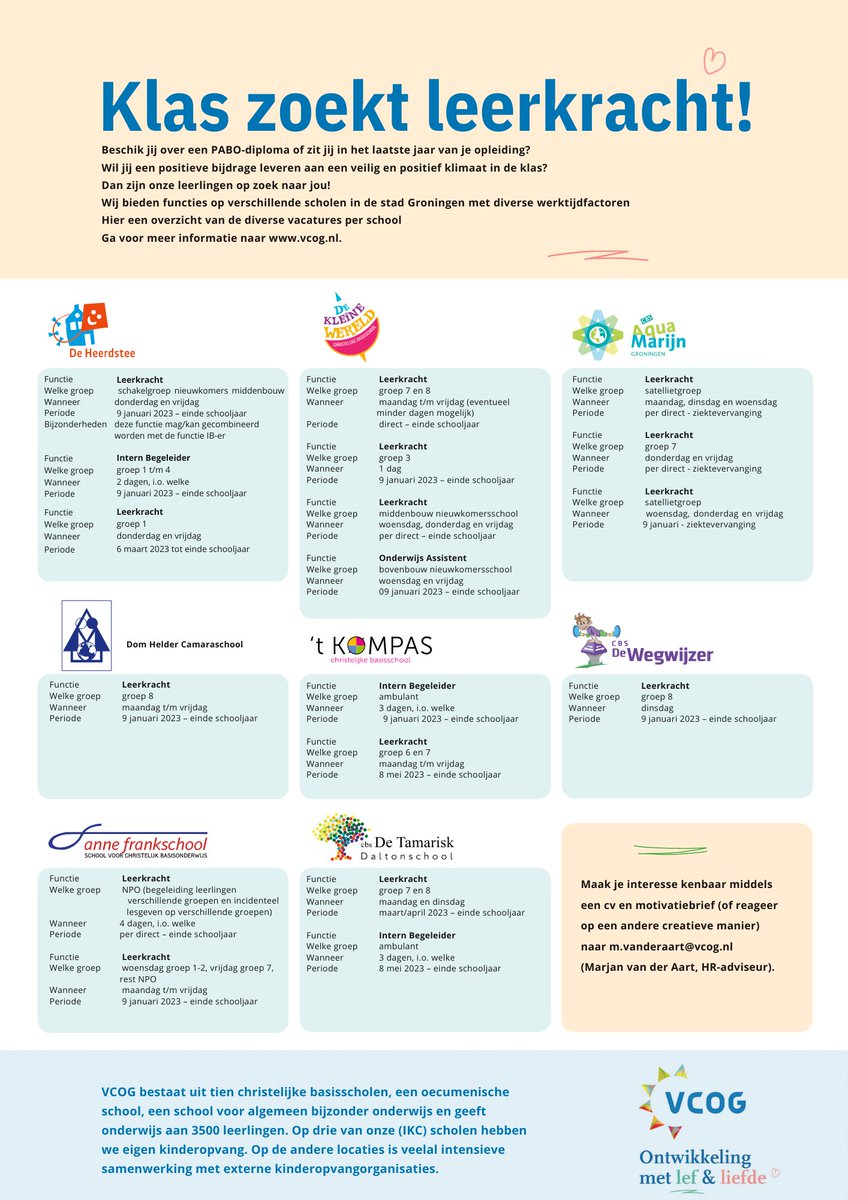 Klas zoekt leerkracht! Beschik jij over een PABO-diploma of zit jij in het laatste jaar van je opleiding? Wil jij een positieve bijdrage leveren aan een veilig en positief klimaat in de klas? Dan zijn onze leerlingen op zoek naar jou. Meer info vind je op vcog.nl.