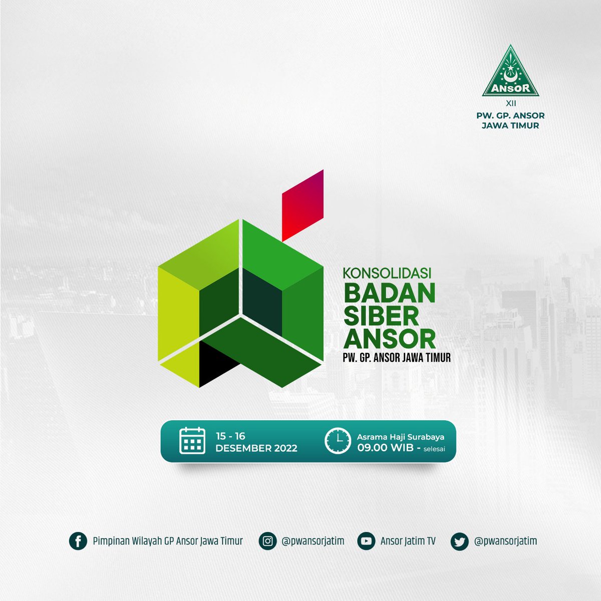 Bismillahirrahmanirrahim, akan kami laksanakan Konsolidasi Badan Siber Ansor Pimpinan Wilayah Gerakan Pemuda Ansor Jawa Timur di Asrama Haji Kota Surabaya, 15-16 Desember 2022

Konsolidasi #BadanSiberAnsorJatim