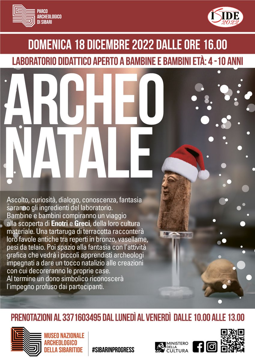 Sarà un ArcheoNatale al Museo di Sibari. Cercheremo la tartaruga in terracotta, ascolteremo le storie che vorrà raccontarci. Domenica 18 dicembre, ore 16.00. Necessario prenotare al  3371603495 dal lun al ven dalle ore 10-13.

#sibarinprogress
#museitaliani
#ministerodellacultura