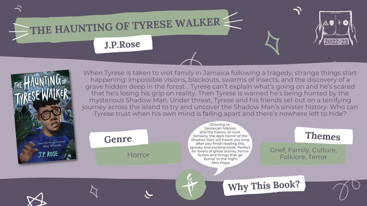 HGHS_Library's tweet photo. Last but not least, we have 
@jprosewriter
's THE HAUNTING OF TYRESE WALKER.

When Tyrese visit Jamaica after a tragedy, strange &amp; horrifying events start to unfold. Can Tyrese escape the clutches sinister Shadow Man?

An engrossing and atmospheric read, packed with scares! https://t.co/qKr1cVrbMu